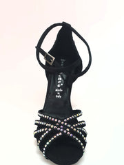 Carica immagine nella Galleria, LUENIA QB Plus (45QB) - Scarpa da Ballo da Donna in Raso Seta Nero con 5 strisce Senza Rete cinturino incrociato alla caviglia e Swarovski Disegno Fantasy Tacco a Rocchettino