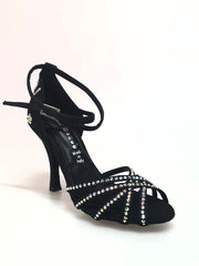 Carica immagine nella Galleria, LUENIA QB Plus (45QB) - Scarpa da Ballo da Donna in Raso Seta Nero con 5 strisce Senza Rete cinturino incrociato alla caviglia e Swarovski Disegno Fantasy Tacco a Rocchettino
