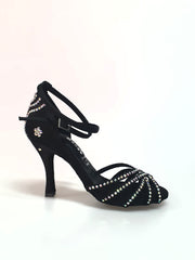 Carica immagine nella Galleria, LUENIA QB Plus (45QB) - Scarpa da Ballo da Donna in Raso Seta Nero con 5 strisce Senza Rete cinturino incrociato alla caviglia e Swarovski Disegno Fantasy Tacco a Rocchettino