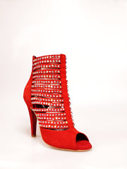 Carica immagine nella Galleria, Elizabeth Plus - Sandalo da Donna a Tronchetto con zip beige in Camoscio Rosso e Swarovski Boreali Wish Dance Shop