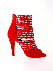 Carica immagine nella Galleria, Elizabeth Plus - Sandalo da Donna a Tronchetto con zip beige in Camoscio Rosso e Swarovski Boreali Wish Dance Shop
