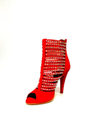 Carica immagine nella Galleria, Elizabeth Plus - Sandalo da Donna a Tronchetto con zip beige in Camoscio Rosso e Swarovski Boreali Wish Dance Shop