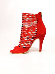 Carica immagine nella Galleria, Elizabeth Plus - Sandalo da Donna a Tronchetto con zip beige in Camoscio Rosso e Swarovski Boreali Wish Dance Shop