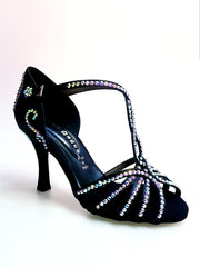 Load image into Gallery viewer, Infinity Plus (BI-Flex) - Woman's Shoe in Black Silk Satin with Swarovski Papal Stick Design and Extraflex Competition Bottom