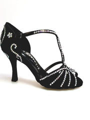 Carica immagine nella Galleria, Infinity Plus (BI-Flex) - Scarpa Da Donna in Raso Seta Nero con Swarovski Disegno bastone Papale e Fondo Extraflex Competition Wish Dance Shop