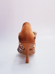 Carica immagine nella Galleria, Onda QC (BI-Flex) MARYLU- Scarpa Da Donna in Raso Seta Bronzo Cinturino incrociato su Collopiede con Swarovski Boreali Parziali solo avanti e Fondo Extraflex Competition Tacco a Rocchettino