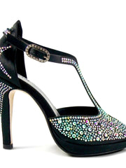 Load image into Gallery viewer, MIRIAM Temptation Plus (LP6) - Sandalo da Donna in Raso Seta Nero con Swarovski Boreali Tacco Alto a Spillo Largo e Plateau