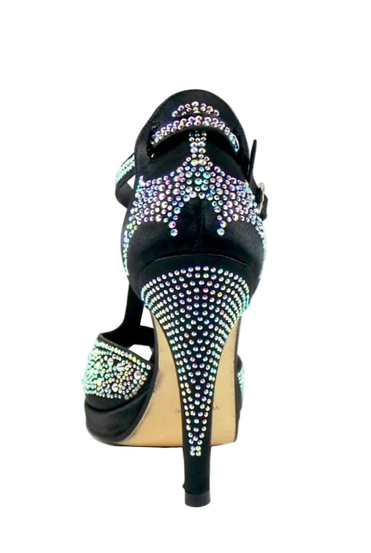 Sandalo da donna Miriam Temptation Plus Wish Dance Shop in raso nero con Swarovski, tacco alto a spillo largo e plateau.