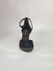 Load image into Gallery viewer, Scarpa Outlet 314H Raso Nero senza rete con strisce e tacco a Rocchettino, dettagli eleganti e stile sofisticato
