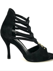 Carica immagine nella Galleria, Carina Barbossa Pirata (460PW) - Sandalo da Donna in Camoscio Nero con borchiette Oro Disegno Teschio e tacco a spillo rivestito in Camoscio Nero Wish Dance Shop