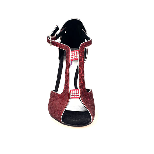 Scarpa da donna Wishdance Fascino 401 in sunset rosso con profili in lurex argento e tacco a spillo smaltato nero