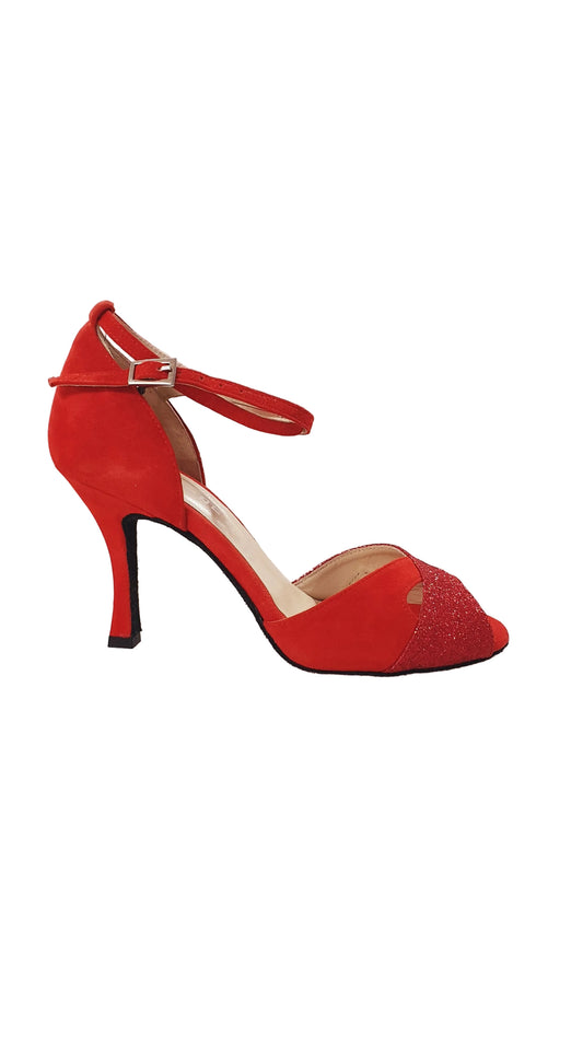 Scarpa in camoscio rosso e glitter rosso Outlet, elegante con dettagli brillanti, ideale per occasioni speciali.