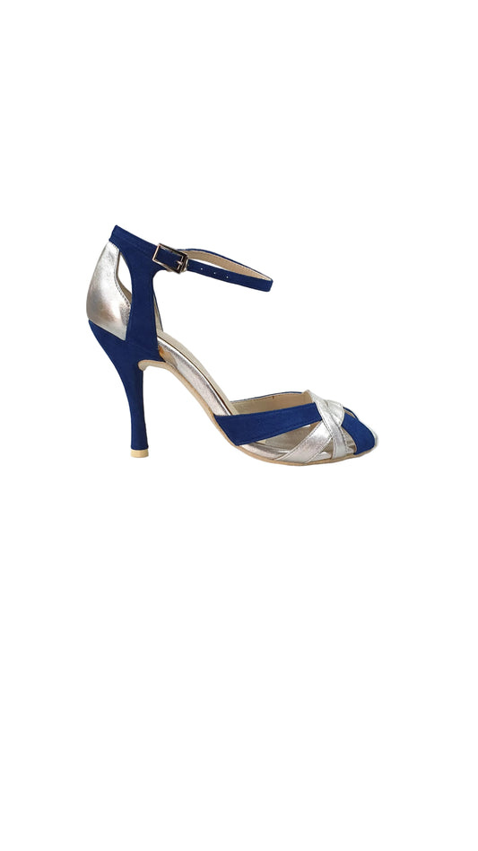 Scarpa da donna in camoscio blu royal e pelle argento, modella in stile elegante e raffinato, marca Outlet.