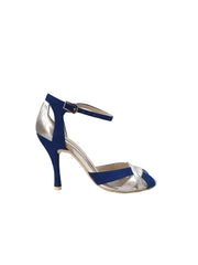Load image into Gallery viewer, Scarpa da donna in camoscio blu royal e pelle argento, modella in stile elegante e raffinato, marca Outlet.