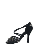 Carica immagine nella Galleria, Eveline QC (1538QC) SW - Scarpa Ballo Da Donna Con Retina in Raso Seta Nera Con cinturini incrociati sul collopiede e Swarovski Boreali Disegno Fantasy