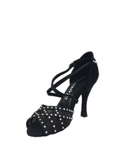 Carica immagine nella Galleria, Eveline QC (1538QC) SW - Scarpa Ballo Da Donna Con Retina in Raso Seta Nera Con cinturini incrociati sul collopiede e Swarovski Boreali Disegno Fantasy
