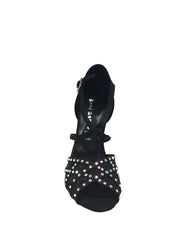 Carica immagine nella Galleria, Eveline QC (1538QC) SW - Scarpa Ballo Da Donna Con Retina in Raso Seta Nera Con cinturini incrociati sul collopiede e Swarovski Boreali Disegno Fantasy