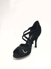 Carica immagine nella Galleria, Gravity SW QC (32QC) - Scarpa Da Donna in Raso Seta Nero con Swarovski Disegno Bastone Cinturino incrociato sul collopiede Wish Dance Shop