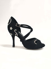 Carica immagine nella Galleria, Gravity SW QC (32QC) - Scarpa Da Donna in Raso Seta Nero con Swarovski Disegno Bastone Cinturino incrociato sul collopiede