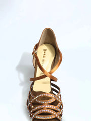 Carica immagine nella Galleria, Onda QC (BI-Flex) MARYLU- Scarpa Da Donna in Raso Seta Bronzo Cinturino incrociato su Collopiede con Swarovski Boreali Parziali solo avanti e Fondo Extraflex Competition Tacco a Rocchettino Wish Dance Shop