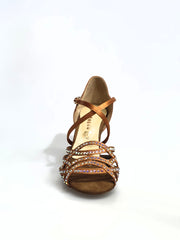 Carica immagine nella Galleria, Onda QC (BI-Flex) MARYLU- Scarpa Da Donna in Raso Seta Bronzo Cinturino incrociato su Collopiede con Swarovski Boreali Parziali solo avanti e Fondo Extraflex Competition Tacco a Rocchettino