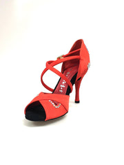 Carica immagine nella Galleria, Gravity SW QC (32QC) - Scarpa Da Donna in Raso Seta Rosso con Swarovski Disegno Bastone Cinturino incrociato sul collopiede Wish Dance Shop