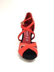 Carica immagine nella Galleria, Gravity SW QC (32QC) - Scarpa Da Donna in Raso Seta Rosso con Swarovski Disegno Bastone Cinturino incrociato sul collopiede Wish Dance Shop