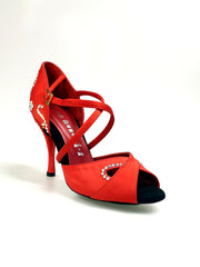 Load image into Gallery viewer, Gravity SW QC (32QC) - Women's Red Silk Satin Shoe with Swarovski Stick Design Crossed Instep Strap