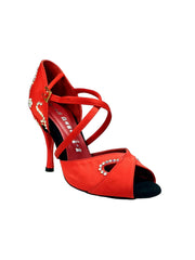 Carica immagine nella Galleria, Gravity SW QC (32QC) - Scarpa Da Donna in Raso Seta Rosso con Swarovski Disegno Bastone Cinturino incrociato sul collopiede Wish Dance Shop