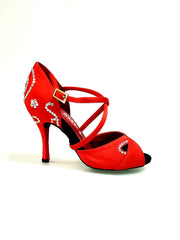 Carica immagine nella Galleria, Gravity SW QC (32QC) - Scarpa Da Donna in Raso Seta Rosso con Swarovski Disegno Bastone Cinturino incrociato sul collopiede Wish Dance Shop