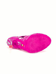 Load image into Gallery viewer, Olimpya Extra Plus - Sandalo a Tronchetto in Camoscio Fuxia e Swarovski Boreali Tacco a Rocchettino Squadrato Sottile