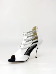 Carica immagine nella Galleria, MILITE Silver (460PW) - Sandalo da Donna in Pelle Bianca con Elastici Argento e Tacco a spillo laminato Argento