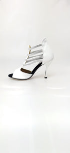 MILITE Silver (460PW) - Sandalo da Donna in Pelle Bianca con Elastici Argento e Tacco a spillo laminato Argento