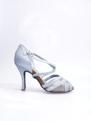 Carica immagine nella Galleria, Melany QC (45R QC) - Scarpa da donna in Glitter Argento con Retina Cinturino incrociato al collo piede e Tacco Rocchettino