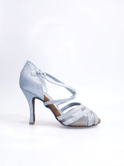 Carica immagine nella Galleria, Melany QC (45R QC) - Scarpa da donna in Glitter Argento con Retina Cinturino incrociato al collo piede e Tacco Rocchettino Wishdance