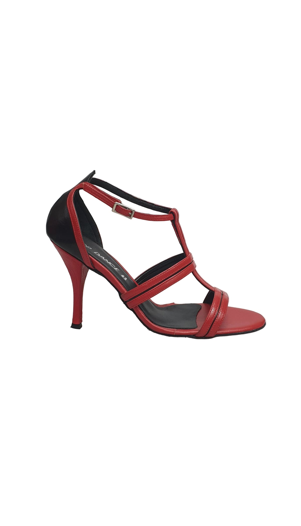 Sandalo in pelle rossa Outlet con inserto in pelle nera sul tallone, scarpa estiva elegante e comoda.