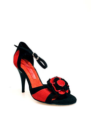 Load image into Gallery viewer, Scarpa da donna Outlet in camoscio nero e rosso con fiore decorativo, elegante e alla moda.