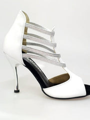 Carica immagine nella Galleria, MILITE Silver (460PW) - Sandalo da Donna in Pelle Bianca con Elastici Argento e Tacco a spillo laminato Argento Wish Dance Shop