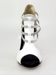 Carica immagine nella Galleria, MILITE Silver (460PW) - Sandalo da Donna in Pelle Bianca con Elastici Argento e Tacco a spillo laminato Argento Wish Dance Shop