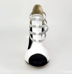MILITE Silver (460PW) - Sandalo da Donna in Pelle Bianca con Elastici Argento e Tacco a spillo laminato Argento