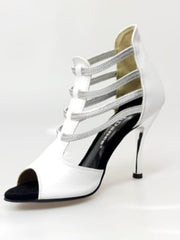 Carica immagine nella Galleria, MILITE Silver (460PW) - Sandalo da Donna in Pelle Bianca con Elastici Argento e Tacco a spillo laminato Argento