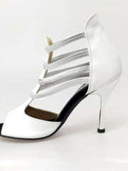 Carica immagine nella Galleria, MILITE Silver (460PW) - Sandalo da Donna in Pelle Bianca con Elastici Argento e Tacco a spillo laminato Argento