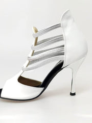 Carica immagine nella Galleria, MILITE Silver (460PW) - Sandalo da Donna in Pelle Bianca con Elastici Argento e Tacco a spillo laminato Argento Wish Dance Shop