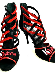 Carica immagine nella Galleria, Megan (161) K.Open - Sandalo da Donna in Camoscio nero Strisce in camoscio Rosso e camoscio Nero Ricamo Kizomba Open rosso