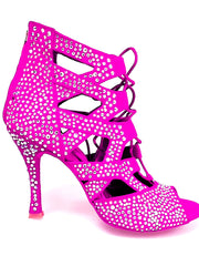 Load image into Gallery viewer, Olimpya Extra Plus - Sandalo a Tronchetto in Camoscio Fuxia e Swarovski Boreali Tacco a Rocchettino Squadrato Sottile
