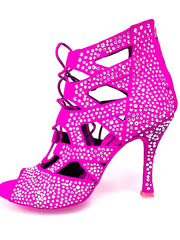 Load image into Gallery viewer, Olimpya Extra Plus - Sandalo a Tronchetto in Camoscio Fuxia e Swarovski Boreali Tacco a Rocchettino Squadrato Sottile