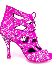 Load image into Gallery viewer, Olimpya Extra Plus - Sandalo a Tronchetto in Camoscio Fuxia e Swarovski Boreali Tacco a Rocchettino Squadrato Sottile