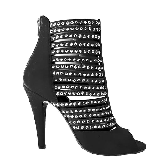 Sandalo Elizabeth Plus da donna in camoscio nero con dettagli Swarovski Boreali, design tronchetto, Wish Dance Shop.