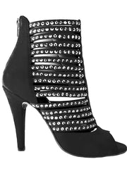 Carica immagine nella Galleria, Sandalo Elizabeth Plus da donna in camoscio nero con dettagli Swarovski Boreali, design tronchetto, Wish Dance Shop.