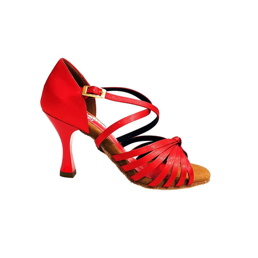 Scarpa da ballo Fabiana Wish Dance Shop in raso di seta rossa, tacco a rocchetto e fascette, ideale per danze eleganti.